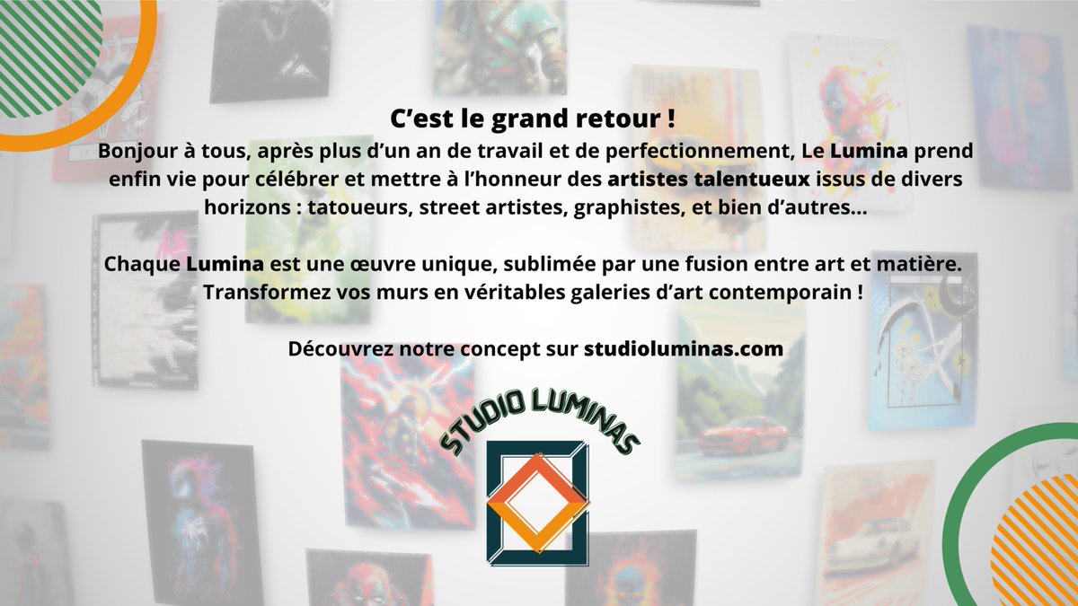 STUDIOLUMINA's tweet image. ✨ C’est le grand retour ! 🎨
Après plus d'un an de travail et de perfectionnement, Les Luminas prennent enfin vie pour célébrer des artistes talentueux et sublimer vos murs en galeries d’art !

Découvrez notre concept sur studioluminas.com

#studioluminas #lumina