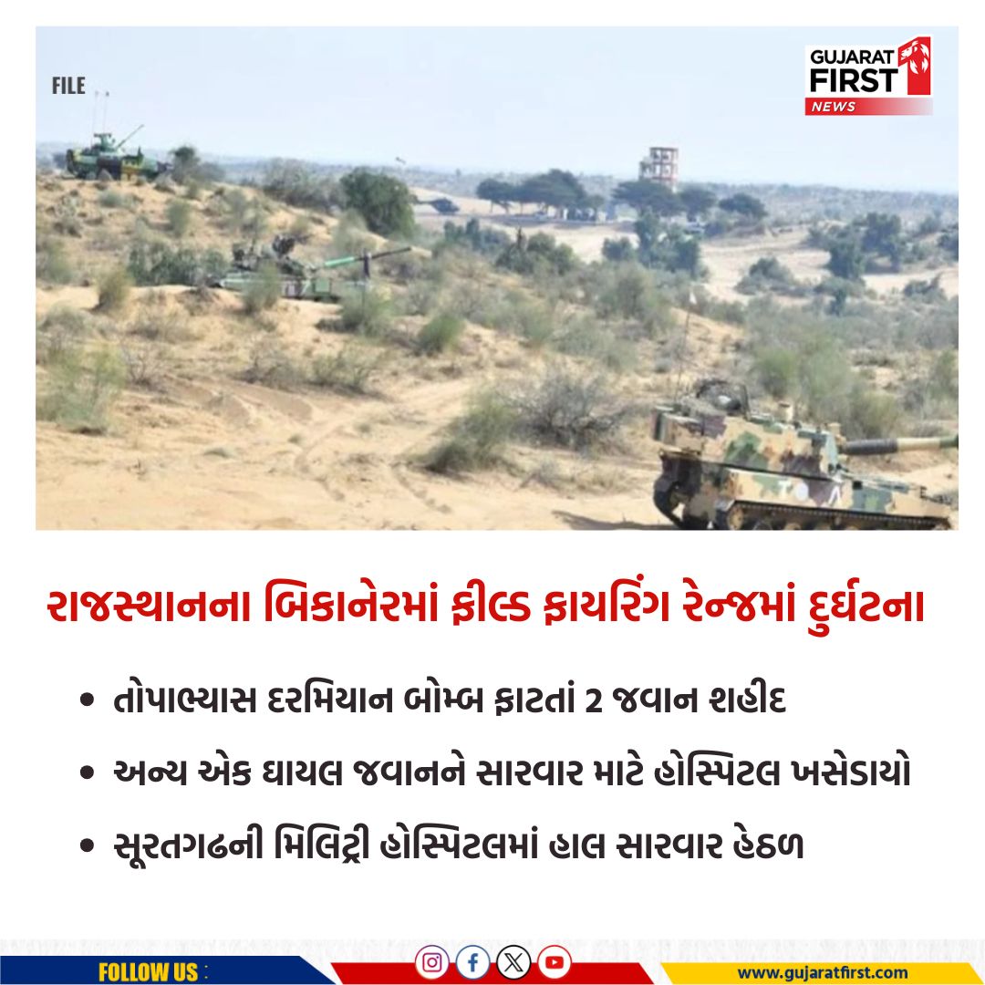 GujaratFirst's tweet photo. Bikaner Indian Army Accident :  રાજસ્થાનના બિકાનેરમાં ફીલ્ડ ફાયરિંગ રેન્જમાં દુર્ઘટના | Gujarat First

#rajasthan #BikanerAccident #IndianArmy #FieldFiringRange #SaluteToMartyrs #Military #Gujaratfirst https://t.co/hXeRA8VuPG