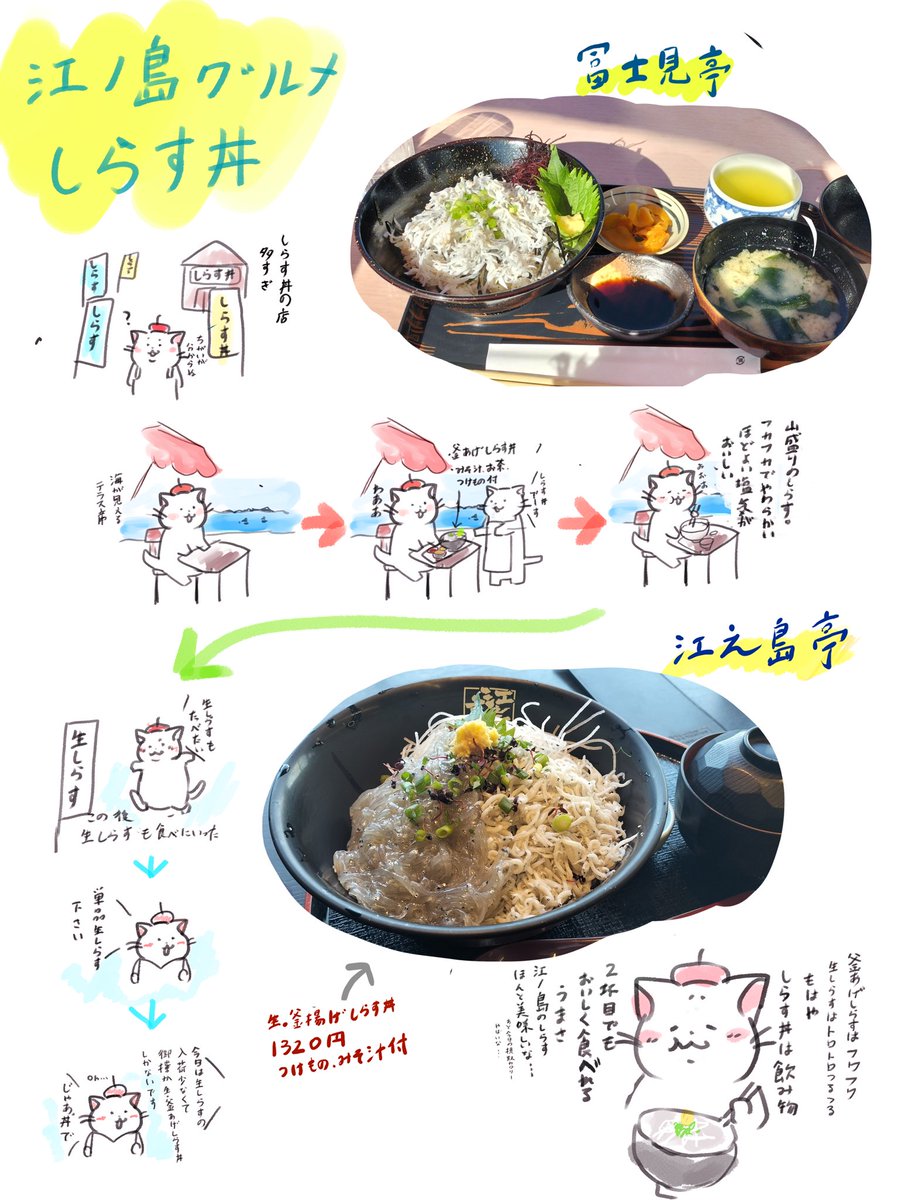 夜行バスで日帰り神奈川旅行。

江ノ島観光食べ歩きレポ。
しらす丼とたこせん美味しかった
滞在時間2時間だったけど楽しかった 