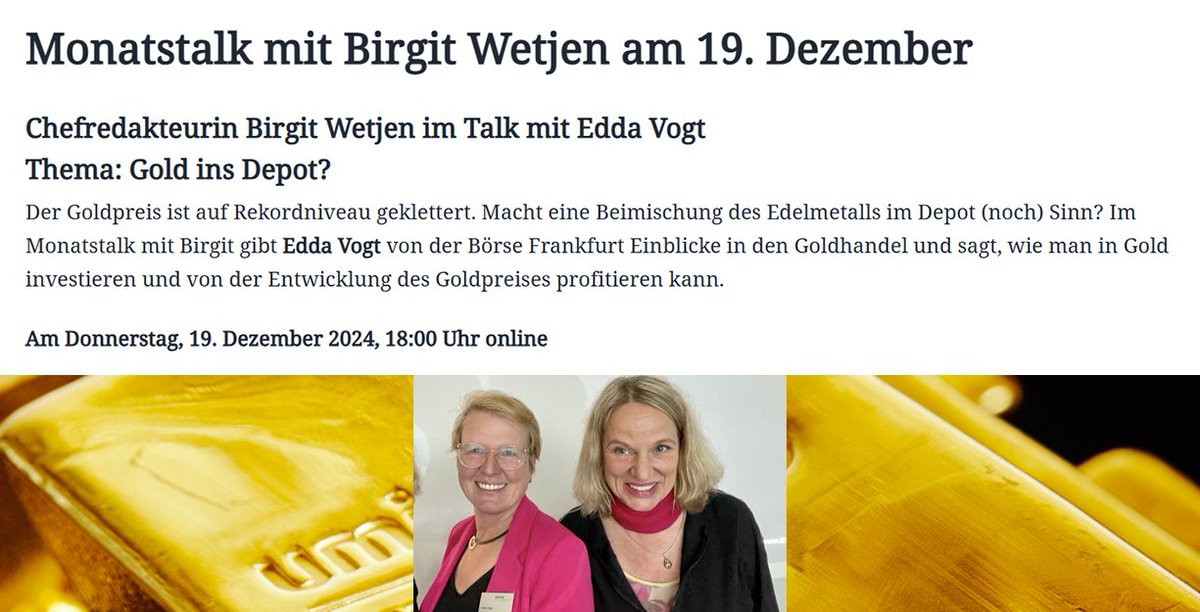 Wer überlegt, ein kleines Goldinvestment zu Weihnachten zu verschenken, oder vielleicht an sich selbst, mag morgen bei der Courage Lounge online dabei sein, wenn ich mit Birgit Wetjen über Gold als Anlage spreche. courage-lounge.de/events/monatst…