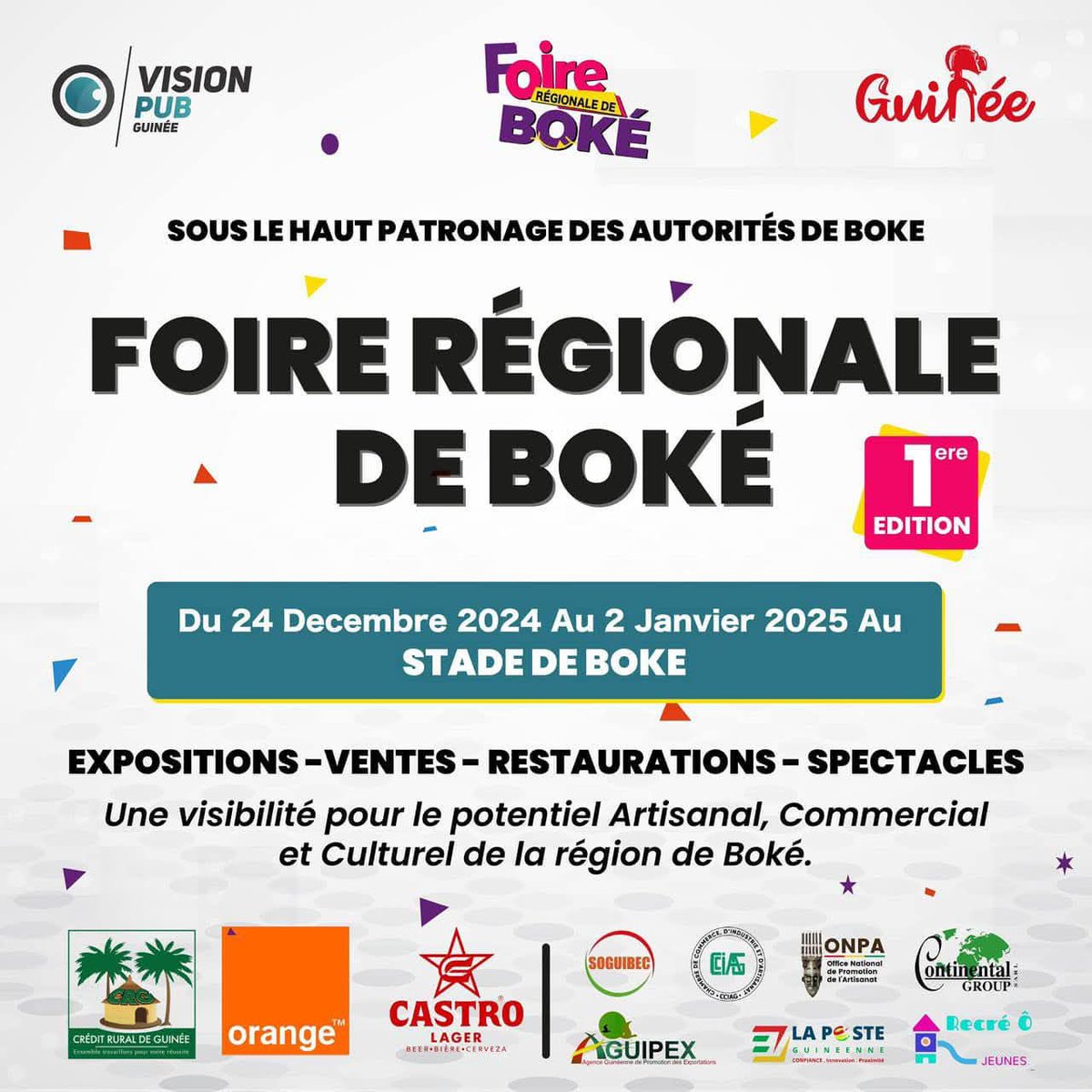 L’ONPA vous invite à participer à la Foire Régionale de Boké qui se tiendra du 24 décembre 2024 au 2 janvier 2025 au Stade de Boké.

Rejoignez-nous pour célébrer l’artisanat guinéen et vivre une expérience mémorable.

#ONPA #FoireDeBoké #ArtisanatGuinéen #Culture