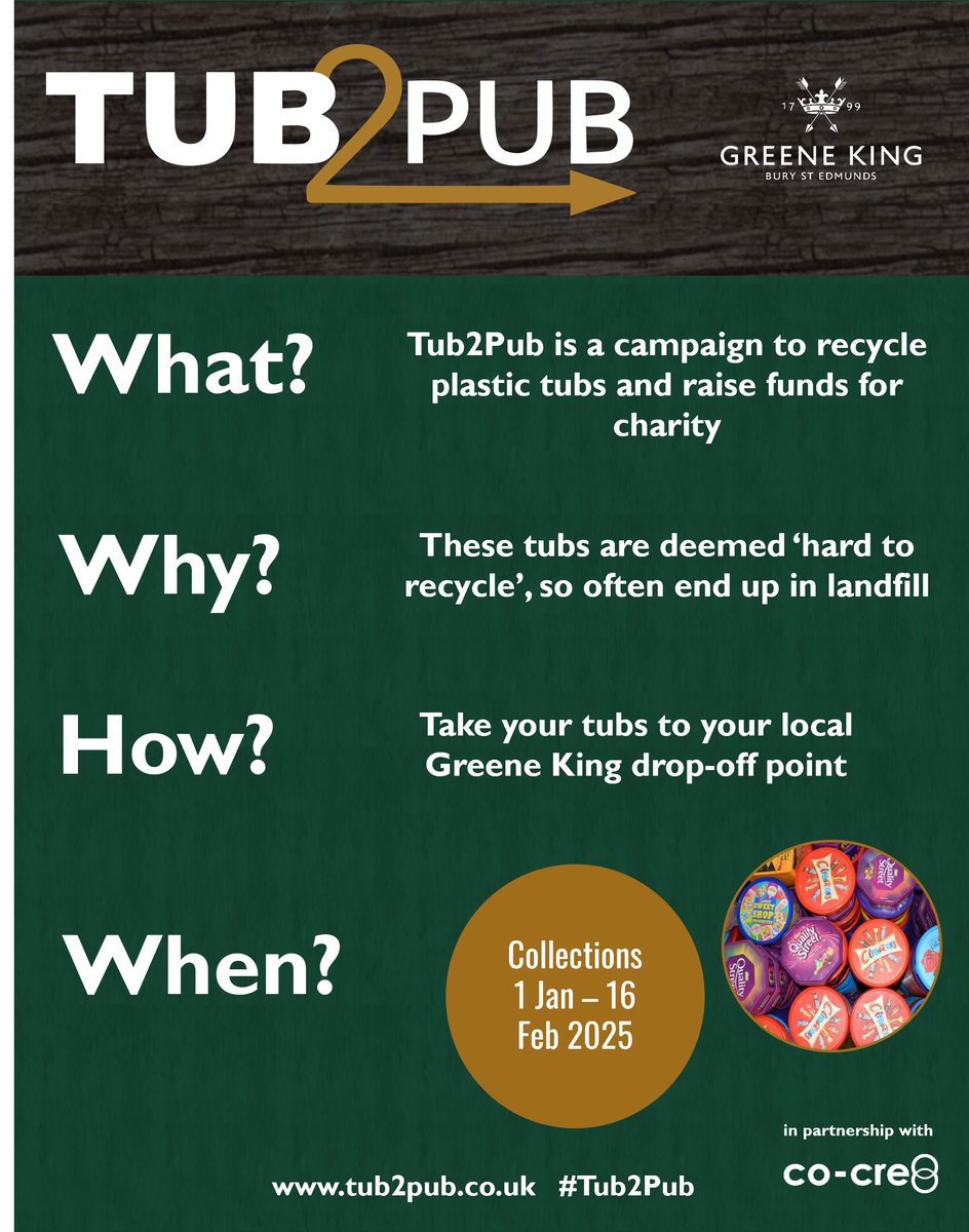 co-cre8 (@cocre8now) on Twitter photo Take your plastic tubs to a <a href="/greeneking/">Greene King</a> establishment. Make sure they are 5PP plastic! #Tub2Pub Take your plastic tubs to a <a href="/greeneking/">Greene King</a> establishment. Make sure they are 5PP plastic! #Tub2Pub