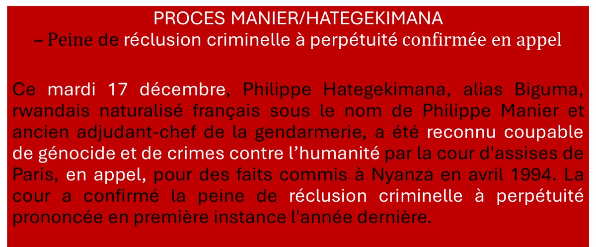 PROCES MANIER/HATEGEKIMANA
– Peine de perpétuité confirmée en appel