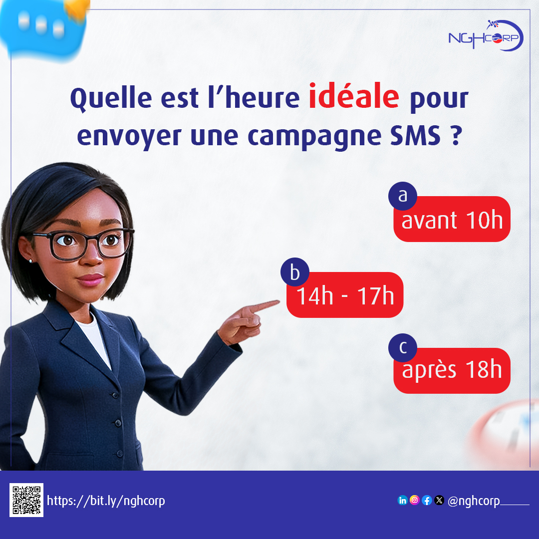 NGHCorporation's tweet image. À votre avis, quelle est l'heure idéale pour envoyer une #CampagneSMS ?
Le matin pour bien commencer la journée, l'après-midi pour capter l'attention ou le soir pour marquer les esprits?

Plus de détails ici👉 ow.ly/UAJG50UtaWI

#nghcorp #SMSZedekaa #SMSMarketing #BulkSMS
