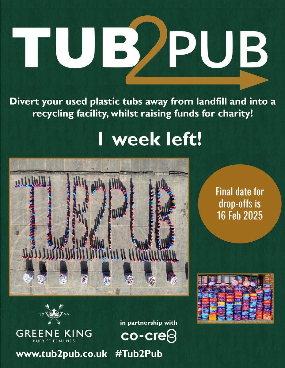 co-cre8 (@cocre8now) on Twitter photo 1 week left to take your plastic tubs to a Greene King Pub!
All money raised, by selling the recycled plastics, will be donated to <a href="/macmillancancer/">Macmillan Cancer Support</a> Cancer Support. 1 week left to take your plastic tubs to a Greene King Pub!
All money raised, by selling the recycled plastics, will be donated to <a href="/macmillancancer/">Macmillan Cancer Support</a> Cancer Support.
