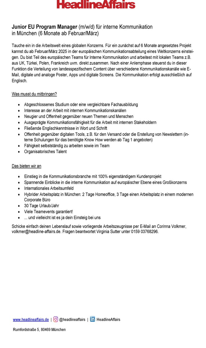 HeadlineAffairs sucht Mitarbeiter*in

Ein global agierender Konzern sucht Junior EU Program Manager (m/w/d) für interne Kommunikation in München (6 Monate ab Februar/März).

<a href="/KowiSalzburg/">KoWi Salzburg</a>