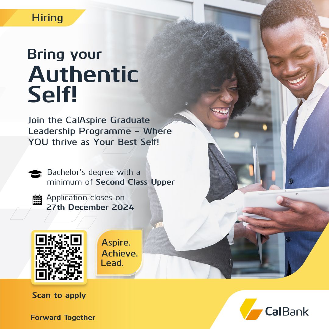 CalBankPLC's tweet photo. The CalAspire Graduate Leadership Programme is here! We are looking for young, driven graduates ready to grow, lead, and make an impact.
Scan the QR code now and start your leadership journey with CalBank.
#CalBank #ForwardTogether #GraduateLeadership #AspireAchieveLead #Careers