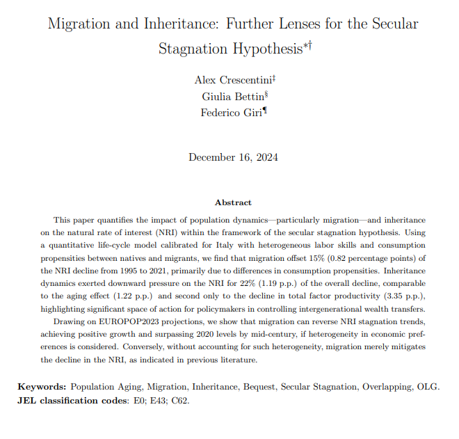 crescentiniale1's tweet photo. New working paper just presented at the @DynareTeam 's 18th conference at the @NUSingapore. 

We quantify secular drivers of the natural rate (NRI) in Italy from 1995 to 2021 plus two new channels, 𝘮𝘪𝘨𝘳𝘢𝘵𝘪𝘰𝘯 𝘢𝘯𝘥 𝘪𝘯𝘩𝘦𝘳𝘪𝘵𝘢𝘯𝘤𝘦. 

https://t.co/ngD5GpNyUG https://t.co/mG89c8JzHa