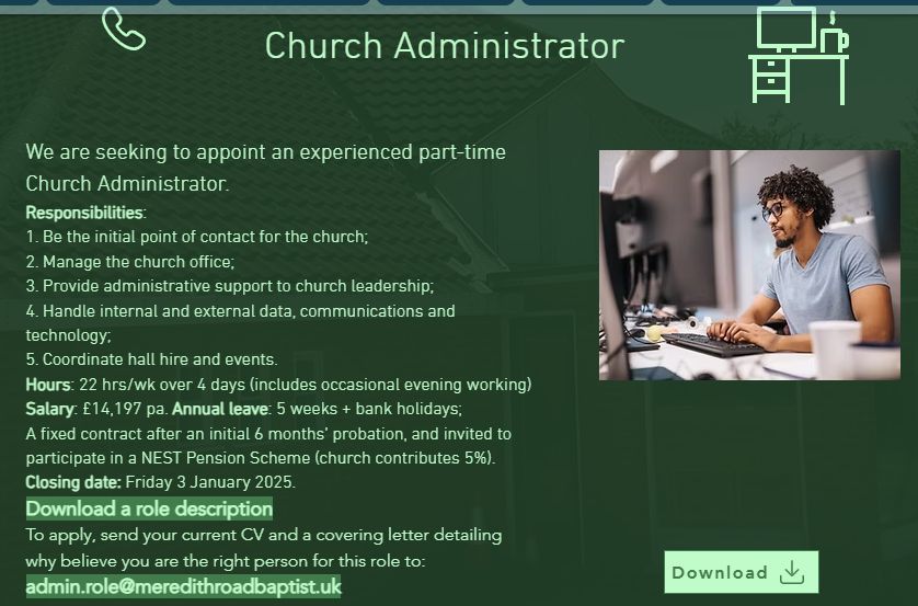 Looking for a fresh start in 2025? There are lots of #Coventry charity jobs to apply for.

See meredithroadbaptist.uk/contact/vacanc… for this admin role, or tinyurl.com/Dec24HC for many further vacancies.