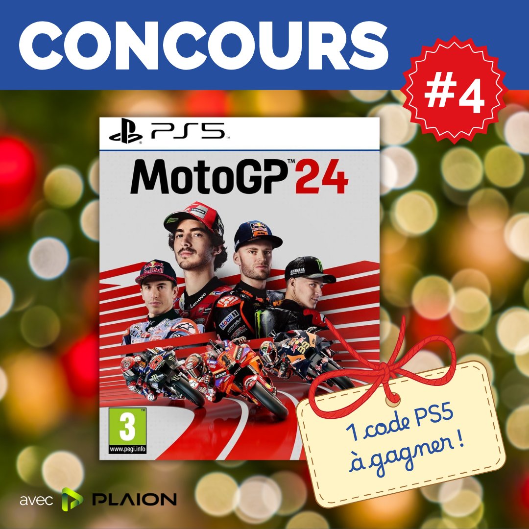 #CONCOURS DE NOËL #4🎄
Avec <a href="/PLAION_FR/">PLAION France 🎮</a>, on vous propose de remporter cette semaine 1 clé PS5 pour MotoGP24 ! Pour participer :

- Suivez <a href="/NGPlus_FR/">New Game Plus</a> et <a href="/PLAION_FR/">PLAION France 🎮</a> ✅
-  Likez + Repostez ce tweet ❤️
- Taguez un.e pote fan de deux roues ! 🏍️

Tirage au sort le 23/12/2024. Bonne