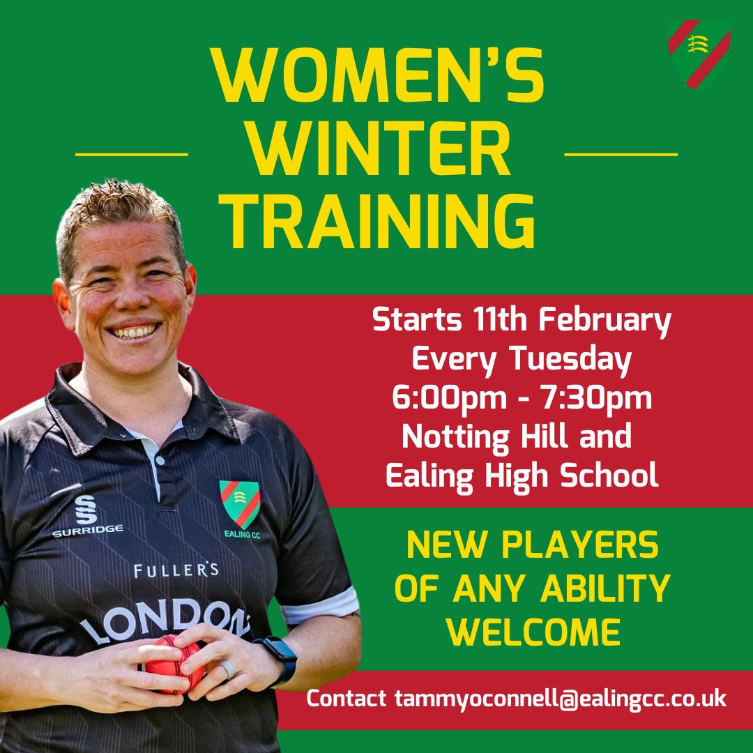 EalingCricket's tweet photo. Women's Winter Training 💚

Our women's winter training starts on February 11th and runs every Tuesday 6:00pm-7:30pm 🔥

We welcome any new players of any ability so contact Tammy if you are interested, we'd love to have you 😍

#EalingCC #OneClub #OneEaling #WomensCricket https://t.co/QJLBkjEnbA