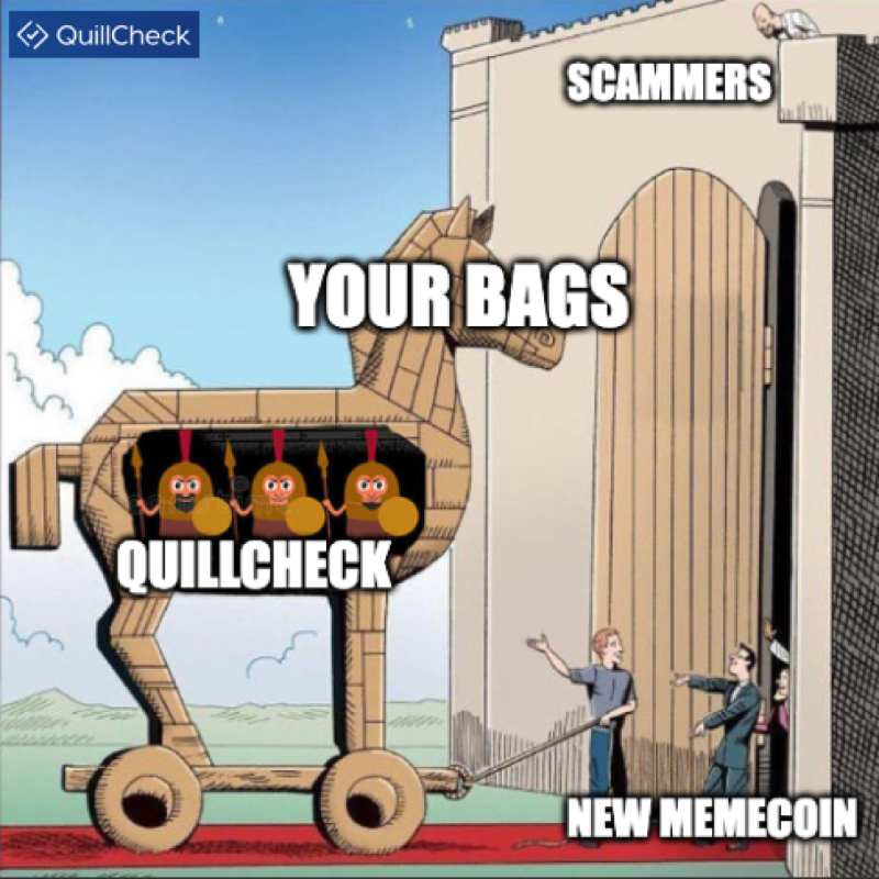QuillAI_Network's tweet photo. Friends Don't Let Friends Get Succed Dry 😳 Use QuillCheck AI Agent: The #1 Memecoin Scam Detector