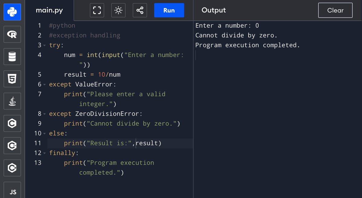 Global_py's tweet image. Day:80
Okay so ‘finally’ block in exception handling in python is always executed even when an error occurs. Ingot to know this while trying the codes…
Here is the code that I tried…
#100DaysOfCode 
#pythom 
#Pythonprogramming 
#codinglife 
#learning 
#learntocode
