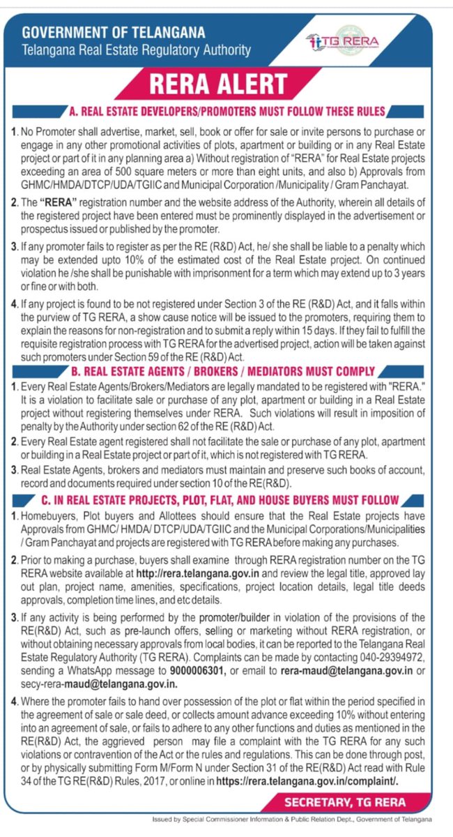 The Telangana Real Estate Regulatory Authority (TG RERA) has issued an alert outlining rules and responsibilities for real estate developers, agents, brokers, and buyers !!