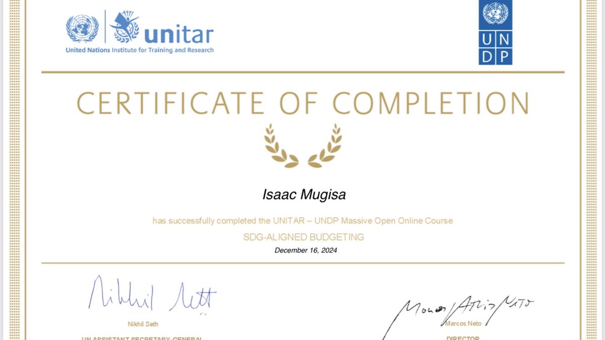 mrIsaacMugisa's tweet photo. Recently completed a UNITAR &amp; UNDP course on aligning national budgets with SDGs! Learned about SDG budgeting, coding, transparency &amp; Parliament’s role in fiscal oversight. Ready to support fiscal reforms &amp; SDG integration! #SDGs #PublicFinance #Budgeting https://t.co/kApSG2ORAb