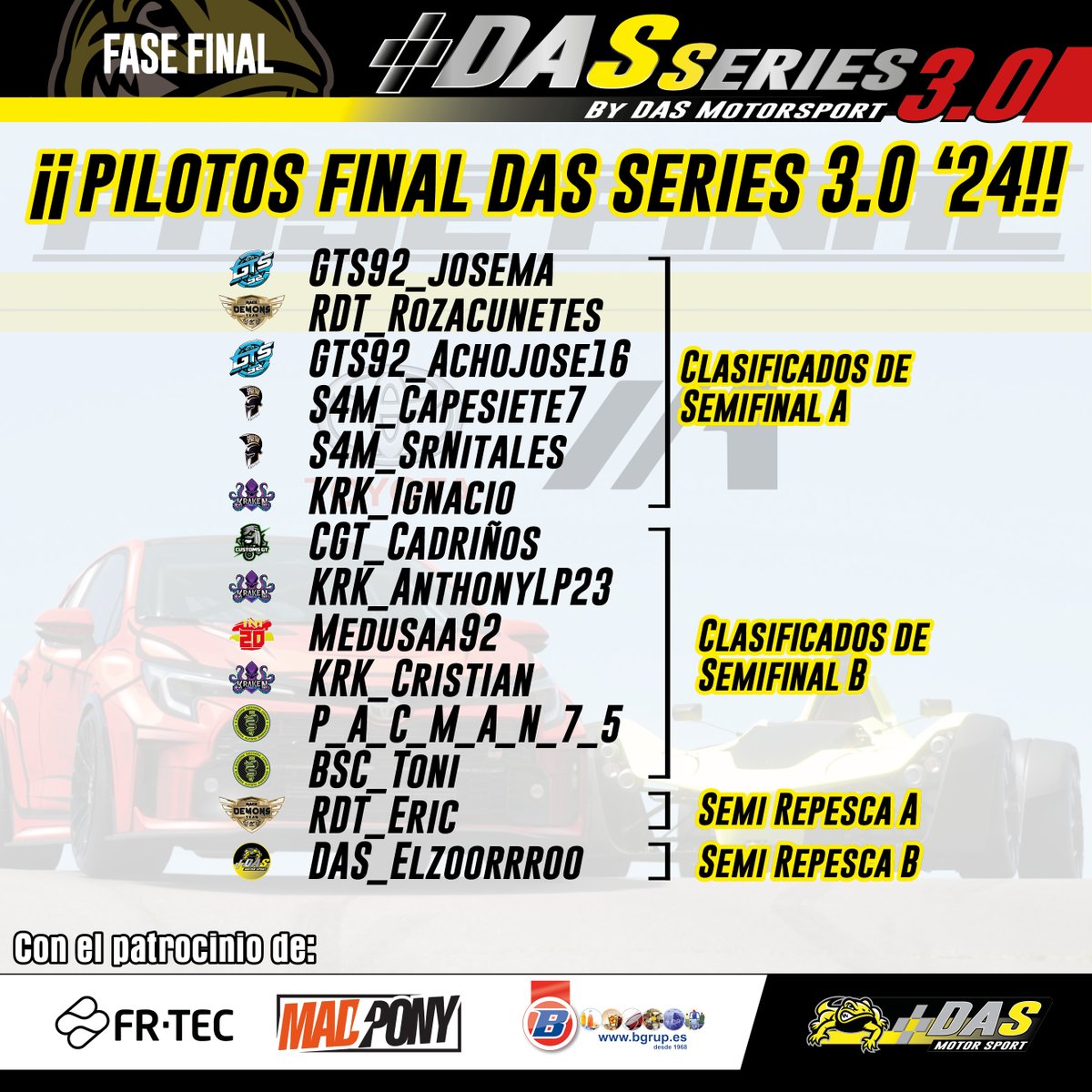 MotorsportDas's tweet photo. Última carrera del año, final @DASSeries 3.0 2024, parrilla de lujo no, lo siguiente. Despues de 30 carreras luchando, estos son los elejidos, ¿TE LO VAS A PERDER?

https://t.co/QgGjGDzan4
JUEVES 22:30 con @IvanNagore y @marc_dp 

Y sorteos de la mano de @frtecgaming https://t.co/YmaRS8E9S5