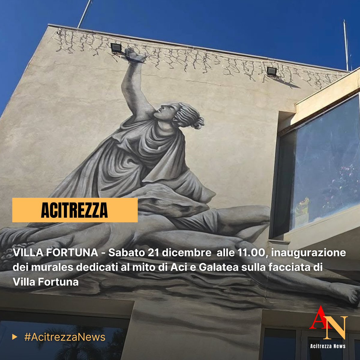 AcitrezzaNews's tweet photo. 🟥🟨 #AcitrezzaNews🗞️  

📰 VILLA FORTUNA

✍🏻 Sabato 21 dicembre  alle 11.00, inaugurazione dei murales dedicati al mito di Aci e Galatea sulla facciata di Villa Fortuna.

📎 FONTE: Carmelo Scandurra - Comune Di Aci Castello https://t.co/HZLhFr1Mzt