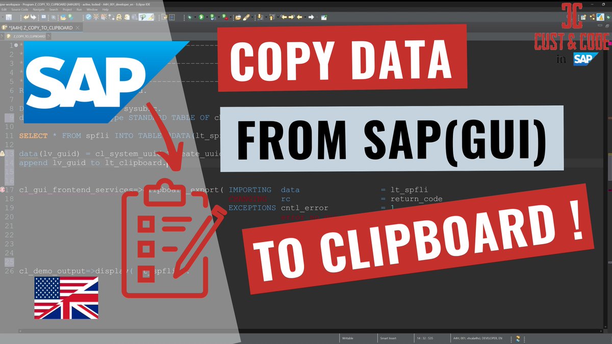 CustAndCode's tweet image. Copy Data From SAP(GUI) to Clipboard with ABAP [english] youtu.be/ryMZLMNoKnU via @YouTube

#sap #abap #clipboard
