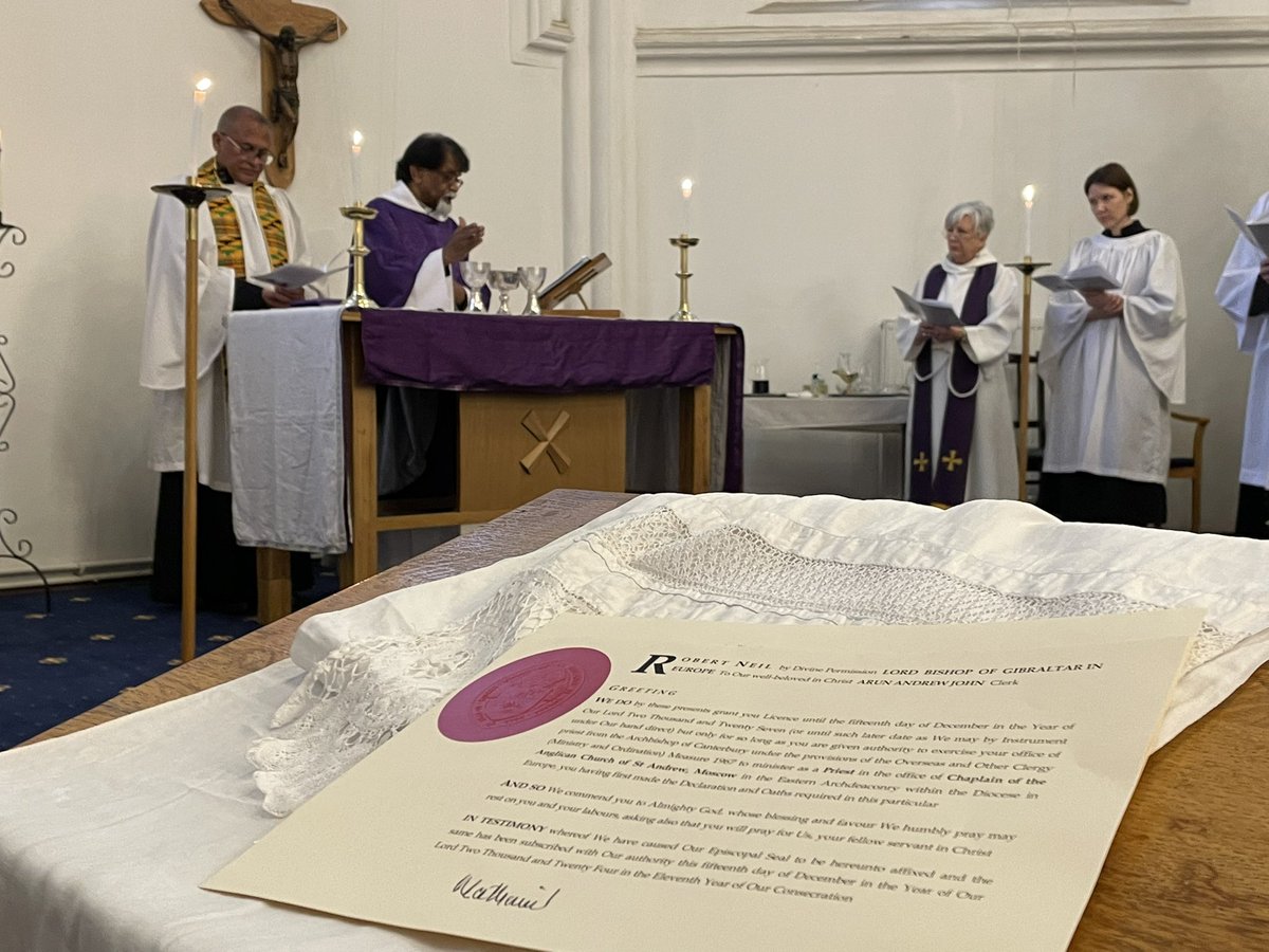 I am thrilled that Archdeacon Leslie Nathaniel was, on my behalf, able to licence Canon Arun John as the new Chaplain of St Andrews Moscow.
With prayers for the continuing work of the Diocese in Europe in Russia in these difficult times.
