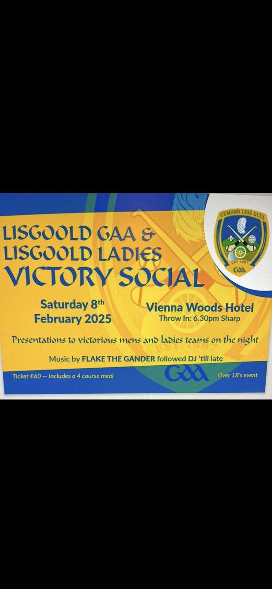 LisgooldCLG's tweet photo. *Tonight*

First sale of Victory Social tickets takes place  Wednesday night 18th Dec 8-8:30pm in Clubhouse.
Tickets purchased in December will be entered in a draw for an overnight stay for 2 in Vienna Woods on the 8th Feb
Cash or card payments accepted. https://t.co/yWWO3y9uGJ