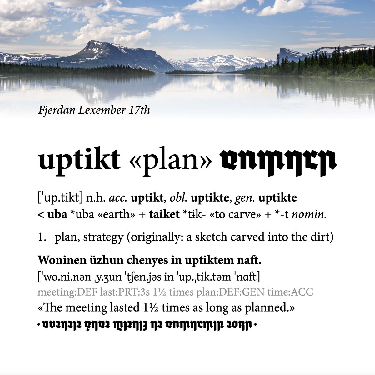 #Fjerdan #Lexember 17th: uptikt «plan», inspired by a neverending teachers’ conference. The word üzhet «to spend the night» doubles as «to last, to have a duration».
#SixOfCrowsSpinoff