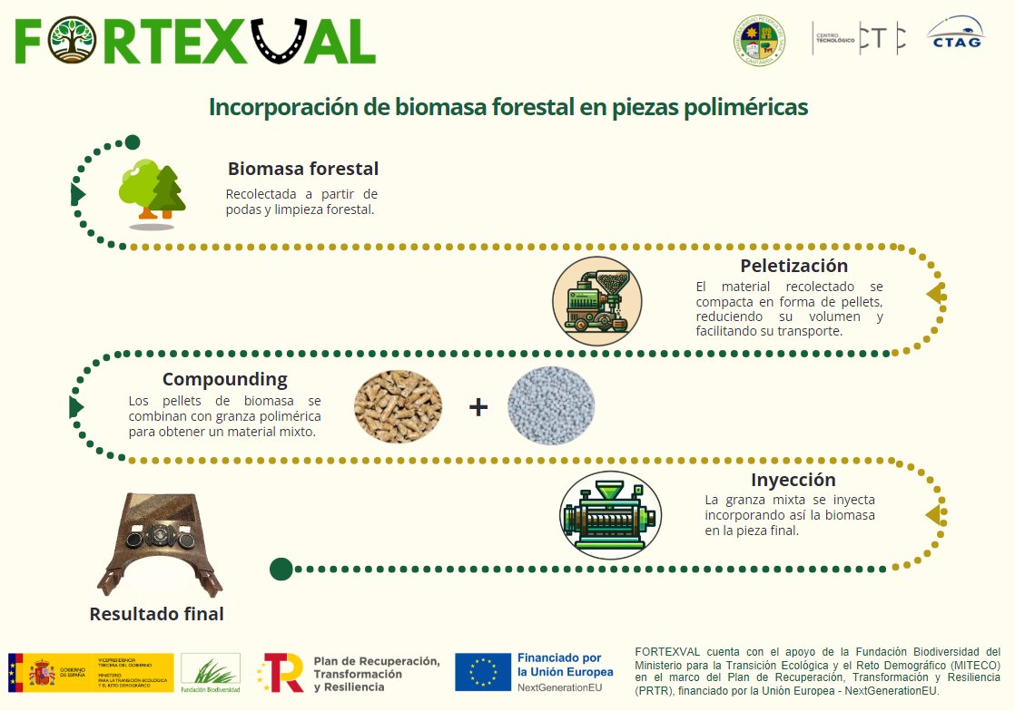 Hoy desde el proyecto Fortexval, donde buscamos transformar la gestión #forestal mediante el aprovechamiento de recursos agroforestales, os compartimos esta infografía de incorporación de #biomasa forestal en piezas poliméricas. 
<a href="/FBiodiversidad/">Fundación Biodiversidad</a> #ProyectosPRTR #PlanDeRecuperación