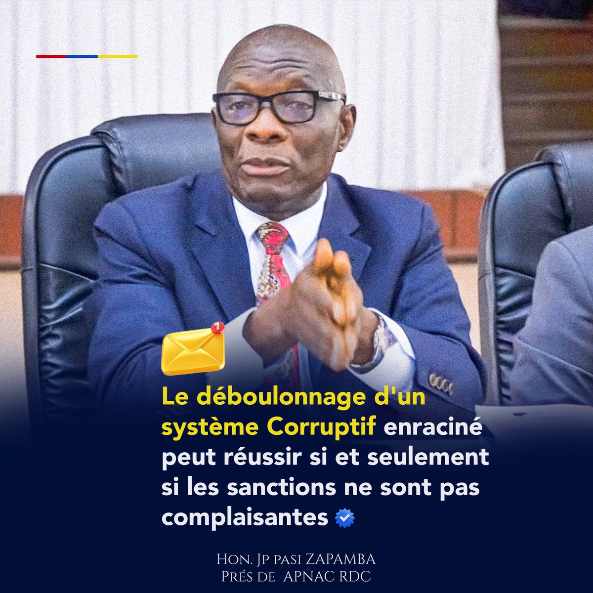Pour l'APNAC-RDC et son président, Le déboulonnage d'un système corruptif installé durablement en RD Congo peut réussir si et seulement si les sanctions ne sont pas complaisantes. Exit Hon JP Pasi Za pamba Buka.