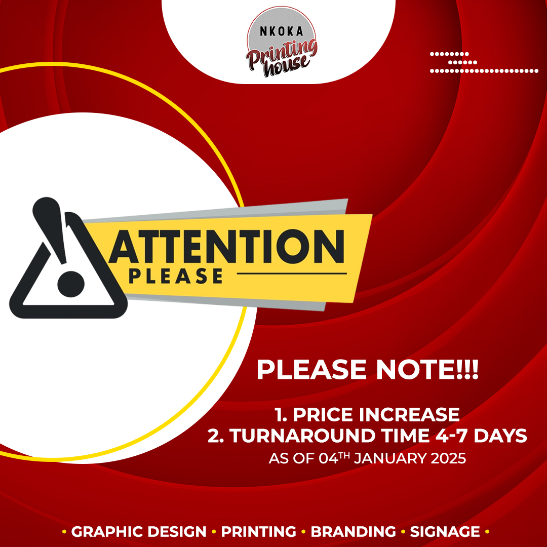 For us to continue providing excellent and efficient service to our clients.

PLEASE NOTE OF THE FOLLOWING CHANGES AS OF;
04 JAN 2025

1. PRICE INCREASE
2. TURNAROUND TIME 4-7 DAYS

Thank You.