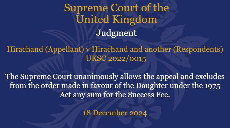 Judgment has been handed down this morning in the matter of Hirachand (Appellant) v Hirachand and another (Respondents) UKSC 2022/0015: supremecourt.uk/cases/uksc-202…