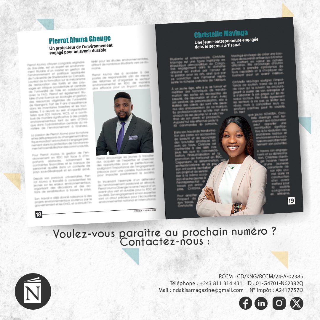 NDAKISA MAGAZINE (@ndakisamagazine) on Twitter photo Procurez-vous la deuxième édition du magazine et découvrez le parcours inspirant de <a href="/PierrotAluma/">Pierrot Aluma Gbenge. MSc, M. Env</a> et Christelle Mavinga. Disponible en version papier et électronique.
Email: Ndakisamagazine@gmail.com
Téléphone: 0811314431 Procurez-vous la deuxième édition du magazine et découvrez le parcours inspirant de <a href="/PierrotAluma/">Pierrot Aluma Gbenge. MSc, M. Env</a> et Christelle Mavinga. Disponible en version papier et électronique.
Email: Ndakisamagazine@gmail.com
Téléphone: 0811314431