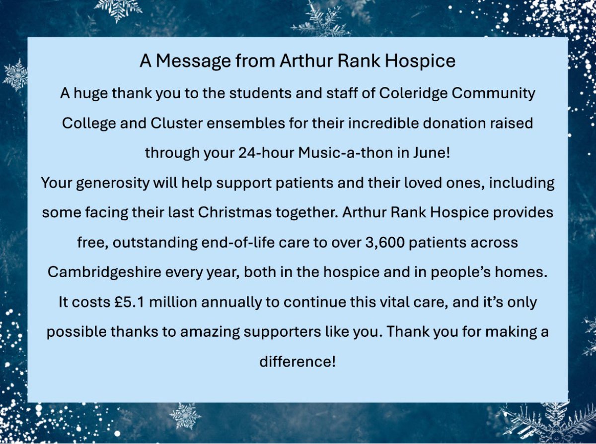CambsCreate's tweet photo. Remember our Sponsored 24Hr Music-a-thon in June? We’re thrilled that as a result, we were able to donate £1,250 to @Jimmyscambridge and £1,250 to @ArthurRankHouse  Presented in #WinterFest24 this wk. Thanks so much to everyone who helped make this possible. 👏 #MakeADifference https://t.co/QcDsztJzmV