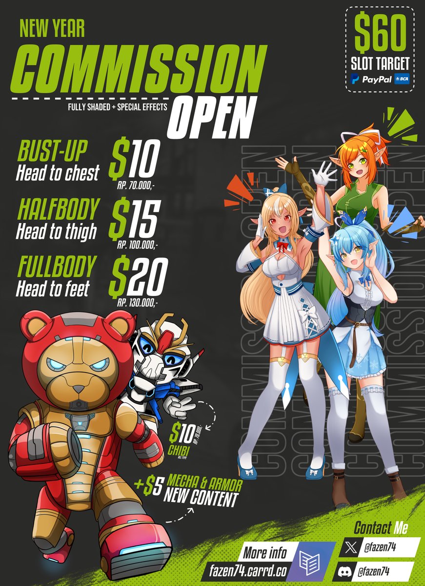THE SHOP IS OPEN AGAIN ! 🎉 

- The slot stays open until reach the goal --> $60
- New content is available to order : Mecha &amp; Heavy Armor

Contact me via DM or Discord if you're interested
RT are very much appreciated 🙏

Please visit fazen74.carrd.co for more info