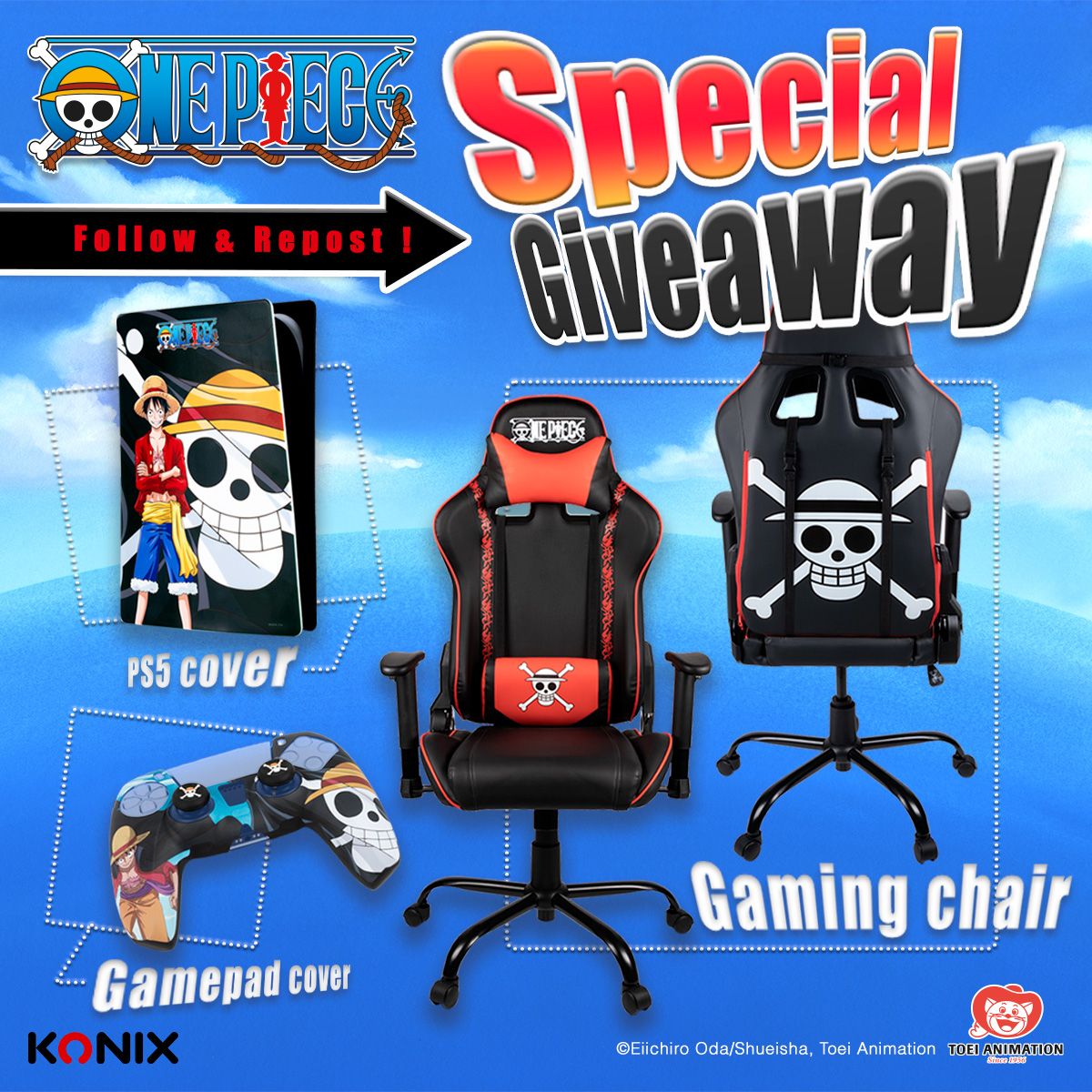 🎁 ONE PIECE Special Giveaway 🎁

To finish 2024 much better, we are giving away this gorgeous gaming chair with a PS5 cover and a gamepad cover by <a href="/KonixInteract/">Konix</a> !

To participate :
👉 Follow <a href="/ToeiAnimationEU/">Toei Animation Europe</a>
👉 Repost this post

Only 1 lucky winner will be chosen and be
