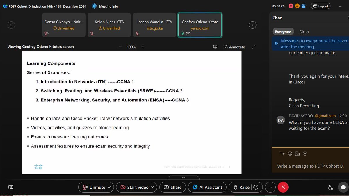 DSkonye's tweet photo. Wow, Cisco is also part of the program
Geofrey Otieno  Ritoto is giving a roadmap of hands on skills that can be acquired with instructor led courses from CISCO offered at In the  #PDTPCohortIX   Induction
@ICTAuthorityKE
@KamanguyaS
@tanuijohn 
@MoICTKenya https://t.co/jsjqZB8ldY