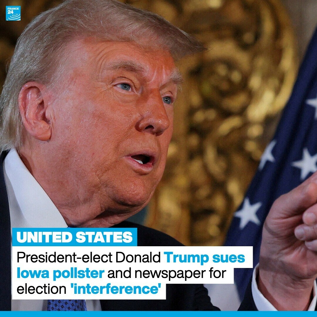 France24_en's tweet photo. 🇺🇸 🗳️ 🧑⚖️ #US President-elect Donald #Trump is suing #pollster Ann Selzer and the #DesMoinesRegister newspaper for underestimating his chances of winning the state of #Iowa in November's presidential election.
Read more here:
https://t.co/FUfrSznHjy https://t.co/os6tGFwbRy