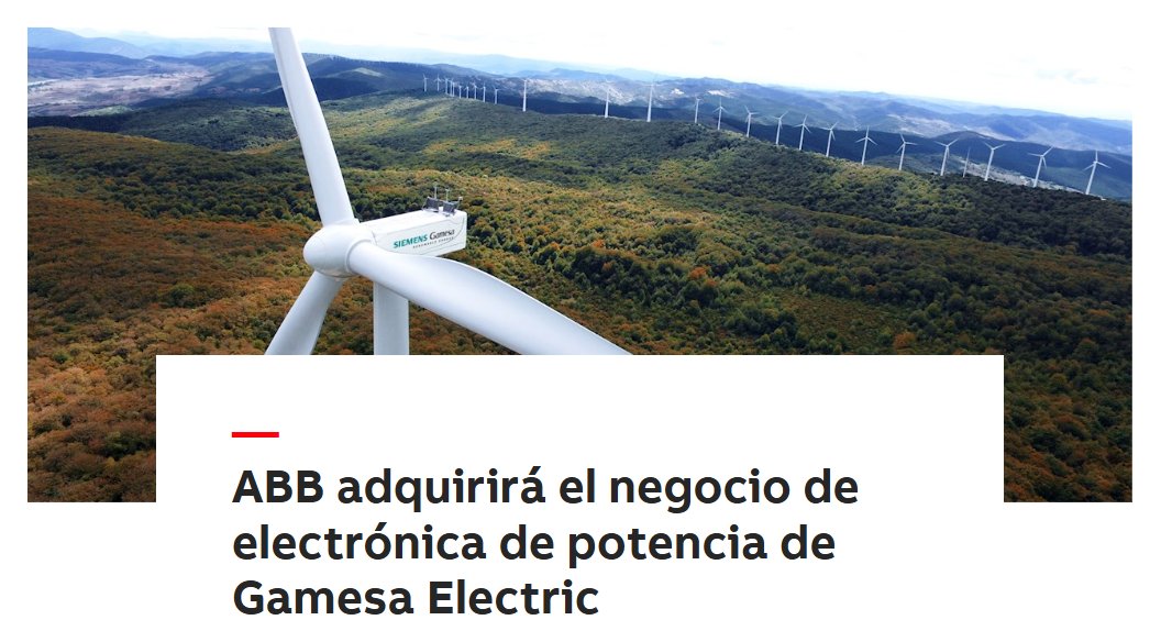 ABB en España (@abb_spain) on Twitter photo ABB firma un acuerdo para adquirir el negocio de electrónica de potencia de Gamesa Electric a Siemens Gamesa, para reforzar su posición en el creciente mercado de la tecnología de conversión de energía renovable de alta potencia. Más info:
new.abb.com/news/es/detail… ABB firma un acuerdo para adquirir el negocio de electrónica de potencia de Gamesa Electric a Siemens Gamesa, para reforzar su posición en el creciente mercado de la tecnología de conversión de energía renovable de alta potencia. Más info:
new.abb.com/news/es/detail…