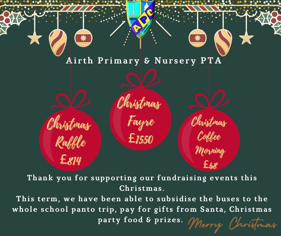 Look at those totals!👀THANK YOU to everyone who supported our events.These wouldn't be possible without our magnificent volunteers or our generous families. We hope the pupils enjoy their Christmas parties as much as they did the panto trip last week.<a href="/airthprimary/">Airth Primary School</a> <a href="/AirthNursery/">Airth Nursery</a>