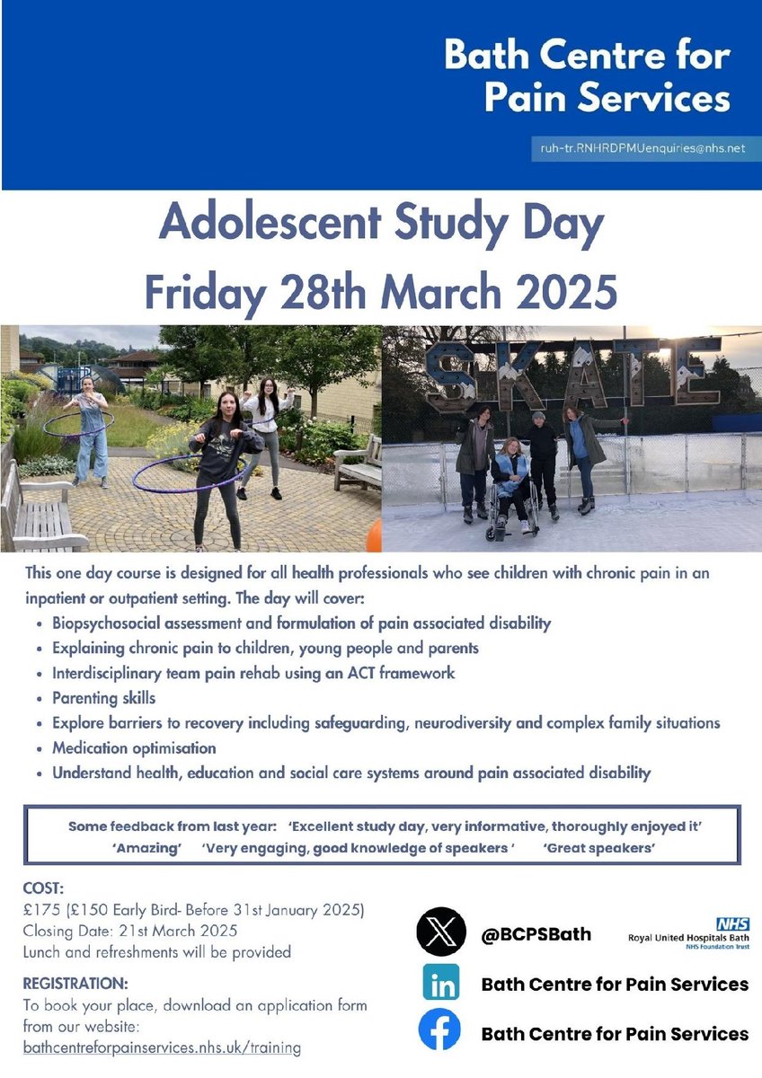 Bath Centre for Pain Services (@bcpsbath) on Twitter photo Attention all health professionals ๐จ
Join us on Friday 28th March for our Adolescent Study Day focusing on managing long term pain in adolescents!
<a href="/thecsp/">Chartered Society of Physiotherapy (CSP)</a> <a href="/PhysioPainAssoc/">PPA</a> <a href="/theRCOT/">Royal College of Occupational Therapists</a> <a href="/BPSOfficial/">British Psychological Society</a> <a href="/RUHBath/">RUH Bath ๐ฅ</a> <a href="/DrPaul_Watson/">Paul Watson</a> <a href="/DrJeremyGG/">Jeremy Gauntlett-Gilbert</a> Attention all health professionals ๐จ
Join us on Friday 28th March for our Adolescent Study Day focusing on managing long term pain in adolescents!
<a href="/thecsp/">Chartered Society of Physiotherapy (CSP)</a> <a href="/PhysioPainAssoc/">PPA</a> <a href="/theRCOT/">Royal College of Occupational Therapists</a> <a href="/BPSOfficial/">British Psychological Society</a> <a href="/RUHBath/">RUH Bath ๐ฅ</a> <a href="/DrPaul_Watson/">Paul Watson</a> <a href="/DrJeremyGG/">Jeremy Gauntlett-Gilbert</a>