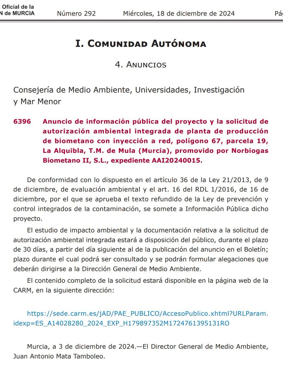 MEDIO AMBIENTE / La CARM pública hoy en el BORM el anuncio de información pública e inicio del trámite de Autorización Ambiental Integrada del proyecto de planta de producción de biometano en el polígono 67, parcela 19, La Alquibla T. M. de Mula.