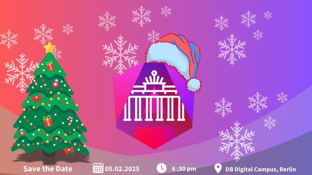 angular_berlin's tweet image. Save the Date: First Angular Meetup 2025 🥳

📅 February, 5th 2025  📍 Where: @dbsystel  Digital Campus, Berlin

🎄✨ We Wish You a Merry Christmas! ✨🎄
meetup.com/angular-meetup…