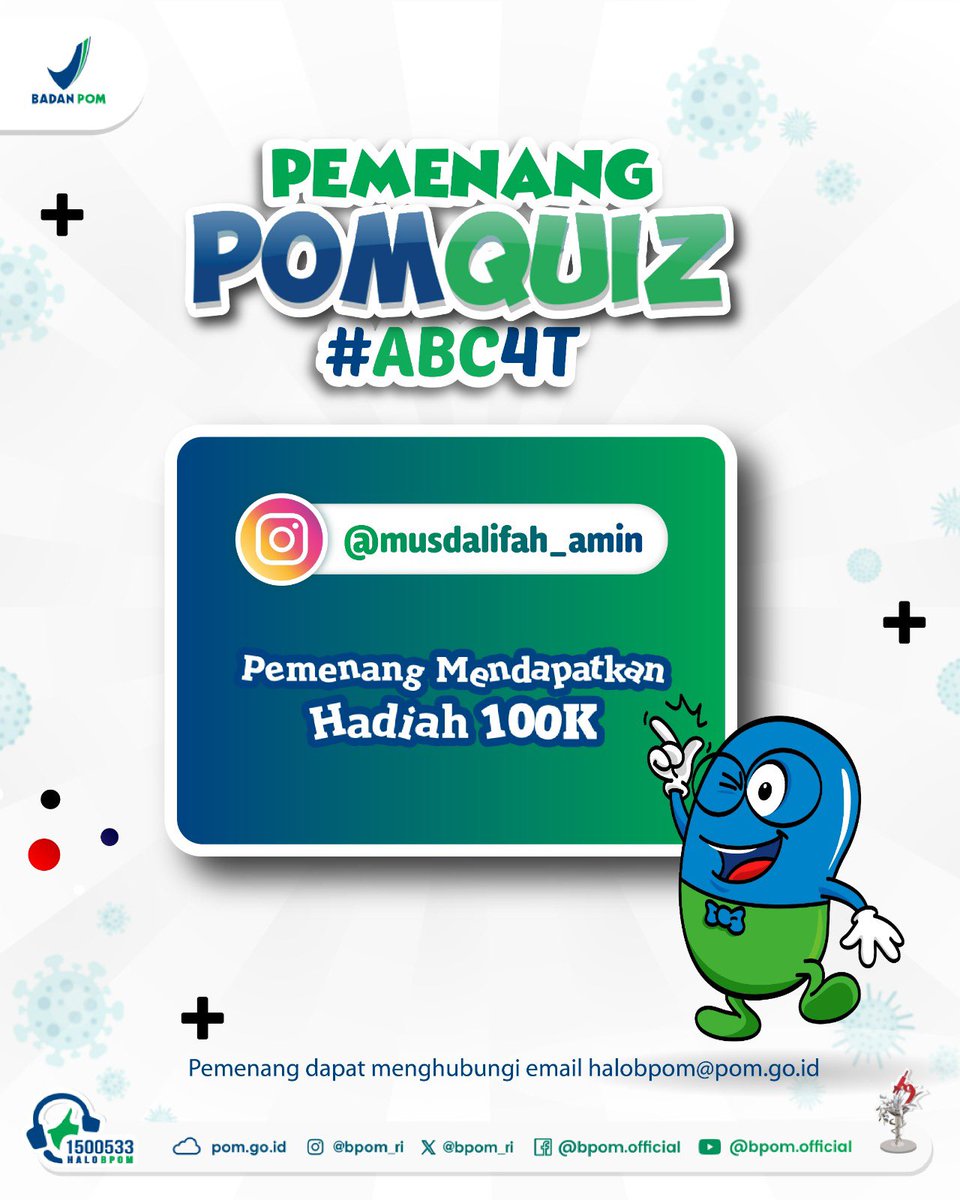 BPOM_RI's tweet photo. Hai, akhirnya yang ditunggu-tunggu oleh #SahabatBPOM hadir jugaa!!!
Selamat untuk para pemenang #POMQUIZ #ABC4T π Jangan lupa segera klaim dan konfirmasi hadiahnya, ya πβ¨Β
Semoga bermanfaat! https://t.co/O7riPNWl68