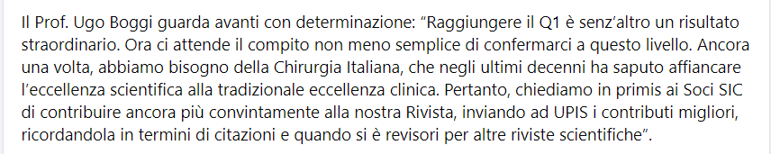 Updates in Surgery, Organo Ufficiale della <a href="/SIC_chirurgia/">SIC</a>,  è stato classificato in Q1 per l’Impact Factor!

“Raggiungere il Q1 è senz’altro un risultato straordinario. Ora ci attende il compito non meno semplice di confermarci a questo livello."