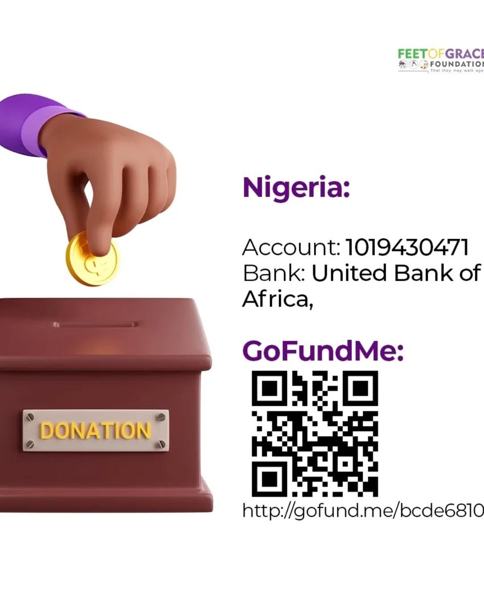 FeetofGrace_F's tweet image. This season, light up lives with hope and mobility!
Swipe to see how you can help transform dreams into reality.
Or use
Nigeria Account: 1019430471
Bank: United Bank of Africa, Nigeria
Or visit our GoFundMe gofund.me/bcde6810
#FeetofGrace #GiftOfMobility  #SpreadTheJoy