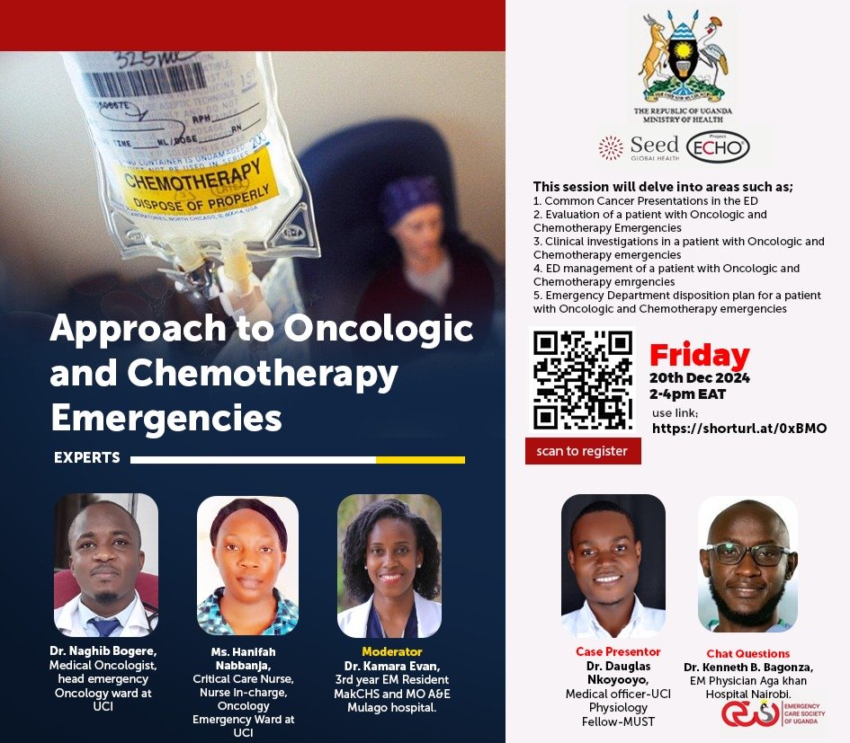 Dr. Atyera Jimmy(MBChB, MMEM) (@atyeraj) on Twitter photo Join us in our last EMS ECHO Uganda talk this year as we delve into "Approach to Oncologic & Chemotherapy Emergencies".
Date: 20th Dec. 2024
Time: 2 - 4 PM
Link: echo.zoom.us/meeting/regist…
<a href="/Seed_Global/">Seed Global Health</a>
<a href="/MinofHealthUG/">Ministry of Health- Uganda</a>
<a href="/IFEM2/">International Federation for Emergency Medicine</a>
<a href="/afemafrica/">The African Federation for Emergency Medicine</a>
<a href="/MakCHS_SOM/">Makerere University School of Medicine</a>
<a href="/EmMakerere/">EM Makerere</a>
<a href="/MUST_EM/">Emergency Medicine- Mbarara University</a> Join us in our last EMS ECHO Uganda talk this year as we delve into "Approach to Oncologic & Chemotherapy Emergencies".
Date: 20th Dec. 2024
Time: 2 - 4 PM
Link: echo.zoom.us/meeting/regist…
<a href="/Seed_Global/">Seed Global Health</a>
<a href="/MinofHealthUG/">Ministry of Health- Uganda</a>
<a href="/IFEM2/">International Federation for Emergency Medicine</a>
<a href="/afemafrica/">The African Federation for Emergency Medicine</a>
<a href="/MakCHS_SOM/">Makerere University School of Medicine</a>
<a href="/EmMakerere/">EM Makerere</a>
<a href="/MUST_EM/">Emergency Medicine- Mbarara University</a>
