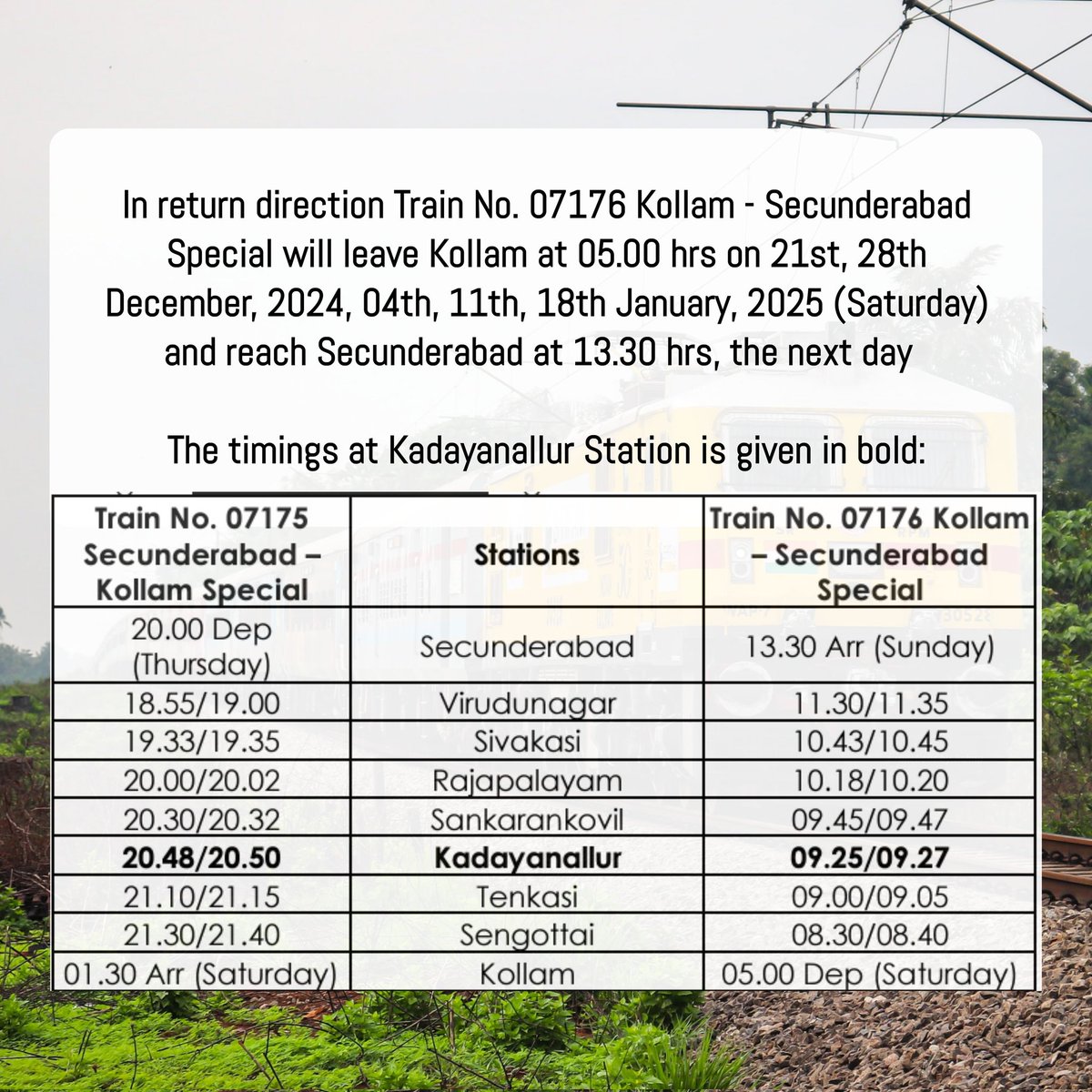 drm_tvc's tweet image. Additional Stoppage at Kadayanallur Station for Sabarimala Special

Passengers please note, the following #Sabarimala special will be provided with additional stoppage at #Kadayanallur station as given below. #SouthernRailway #Kollam #Secunderabad