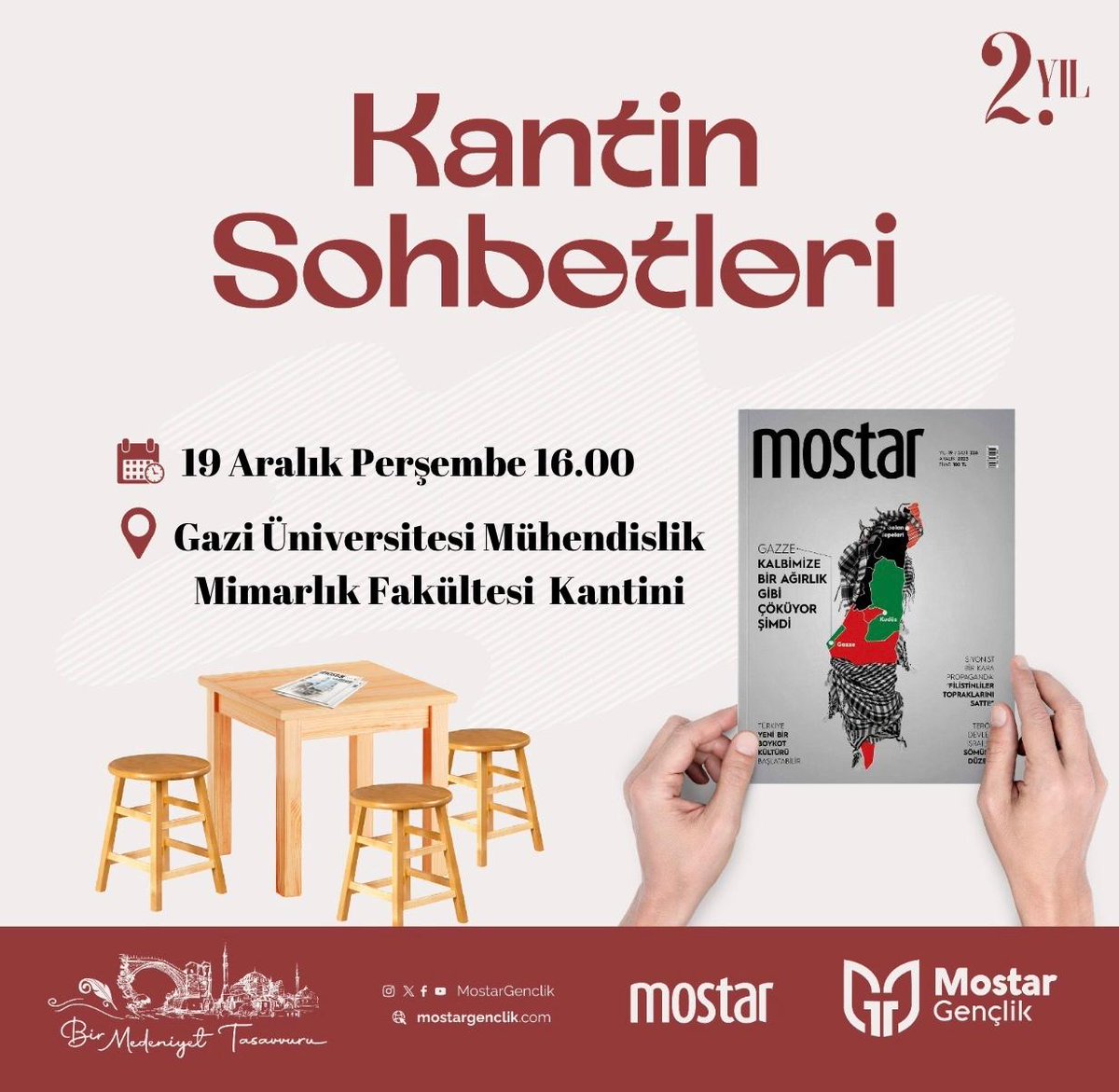 Perşembe günü saat 16.00'da Gazi Üniversitesi Mühendislik-Mimarlık Fakültesi kantinindeyiz. Bütün gönüllülerimizi muhabbete bekliyoruz. 
#ankara #MostarGençlik #gaziüniversitesi #kantin