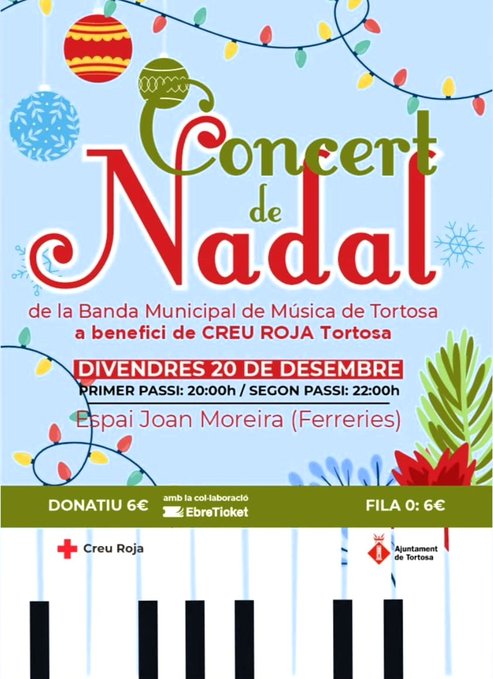 CULTURA | 🎶Aquest divendres no et perdis el concert de Nadal de la Banda Municipal de Música de Tortosa, a benefici de Creu Roja Tortosa

🗓Divendres 20 de desembre
⏰Dos passis: 20:00 i 22:00 h
📌Centre Cultural Antiga Fàbrica SAMO
📲Entrades a ebreticket.cat