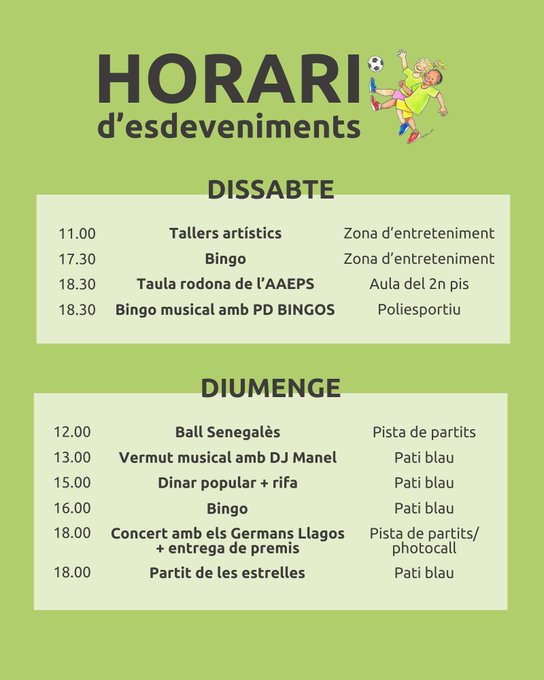 Aquest cap de setmana l'equip de monitors de l'Esplai Erol organitzem les XIX Jornades de Futbol Solidari! ⚽️
Joves voluntaris i compromesos les fem realitat amb l'objectiu de recaptar fons per rehabilitar una escola bressol del Senegal 💚
Passeu-vos-hi! 
<a href="/FutbolSolidari/">XXX Futbol Solidari</a>