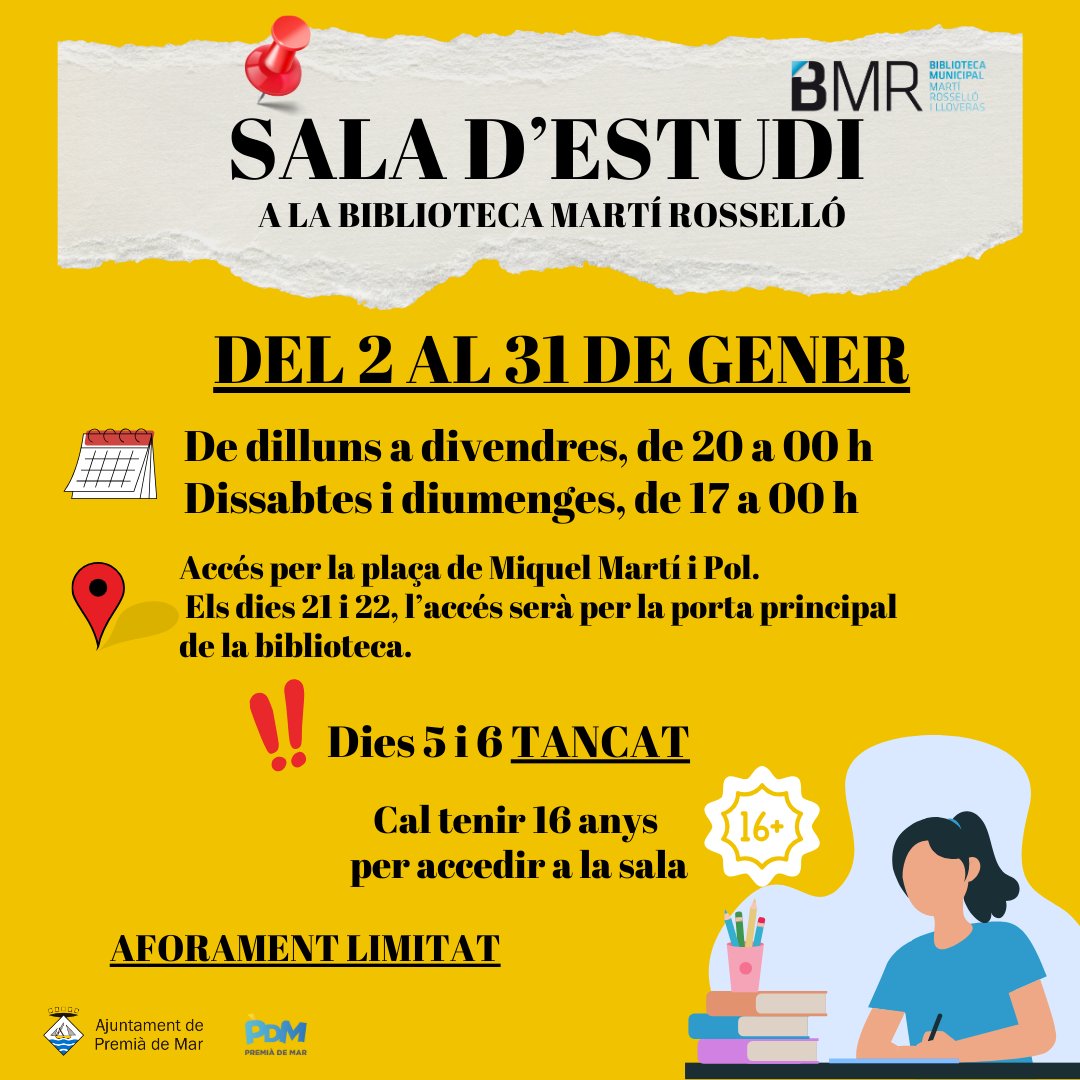 👩‍🎓👨‍🎓Sala d'estudi de la <a href="/bibliotecabmr/">Biblioteca BMR</a>
📅Del 2 al 31 de gener de 2025.
➡De dilluns a divendres⌚️de 20 a 00 h.
➡Dissabtes i diumenges⌚️de 17 a 00 h.
📍Accés per la plaça de Miquel Martí i Pol. #PremiàDeMar #Maresme #JoventutPdM