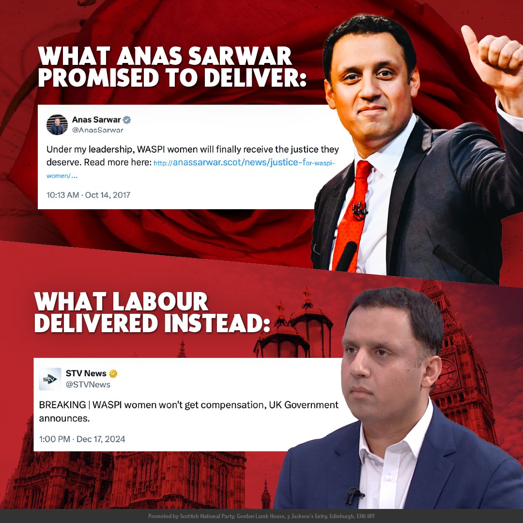 🚨 Anas Sarwar promised that under his leadership Labour would deliver justice for the WASPI women.

🥀 Now, Labour’s Work and Pension Secretary says it’s too expensive.

🤝 We will keep our promise and support the WASPI women in their pursuit of justice.